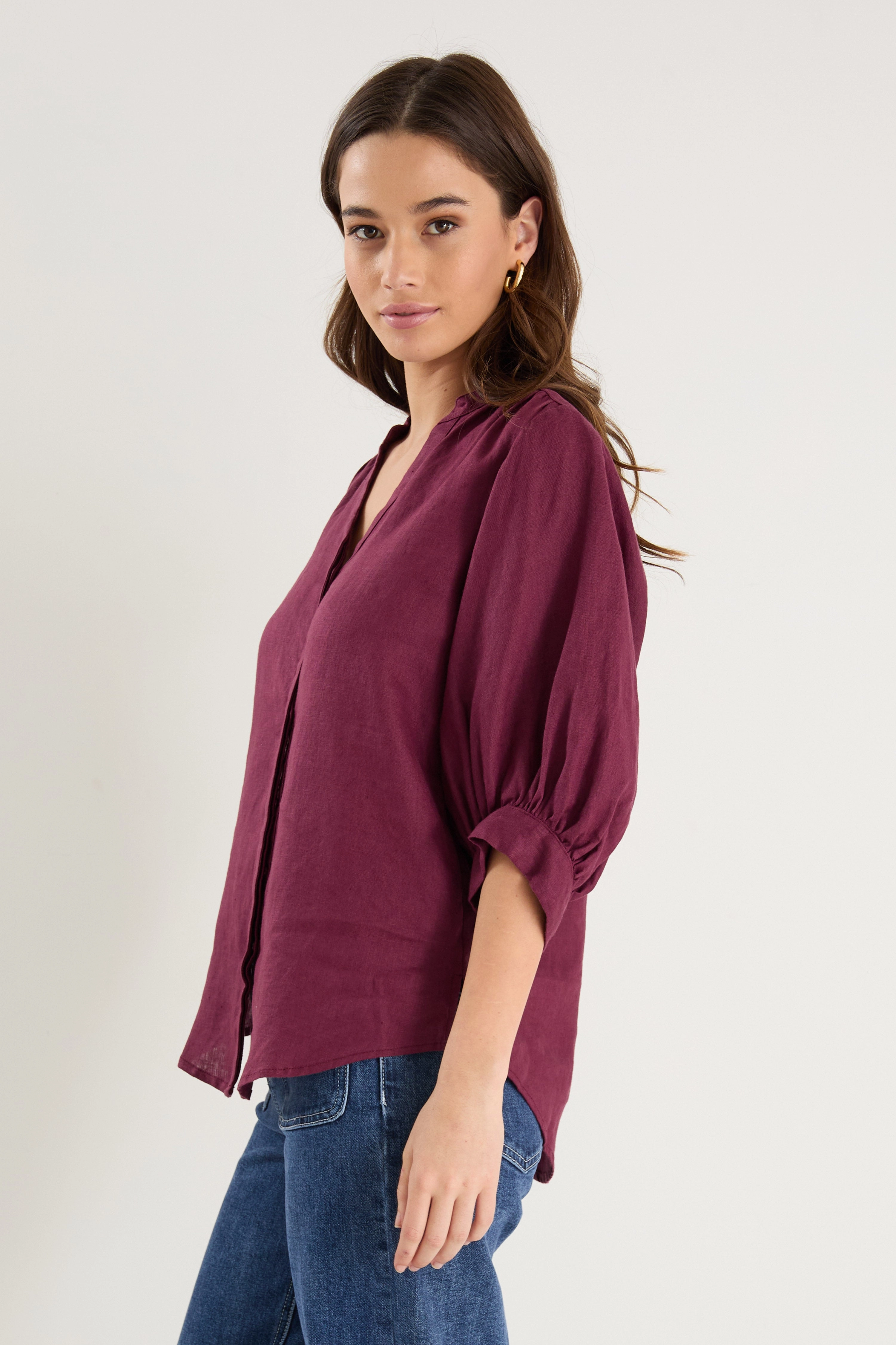 Raw Edge Detail Soft Sweater Deity Burgundy Plum Linen Button Through Puff Sleeve Ss Blouse