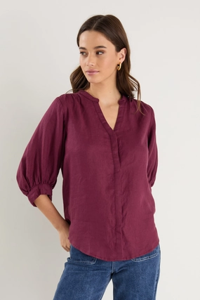 BondedSeams Deity Burgundy Plum Linen Button Through Puff Sleeve Ss Blouse