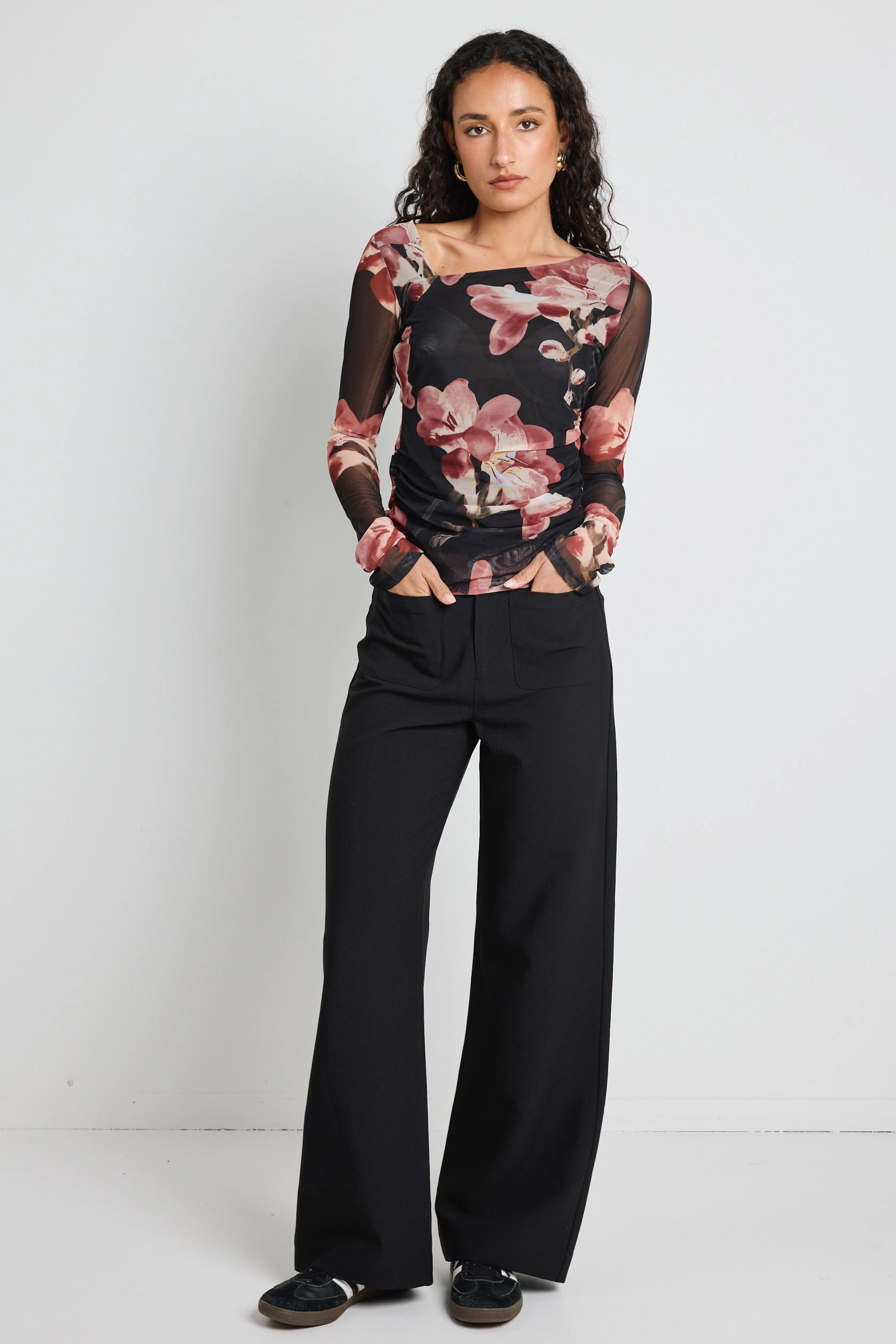 Askew Blush Floral Mesh Asymmetrical LS Top VentedBack