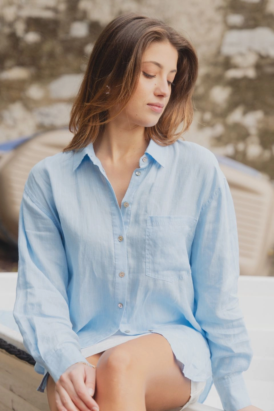 Casual Jacket Optimum Sky Blue Stripe Linen Oversized Shirt