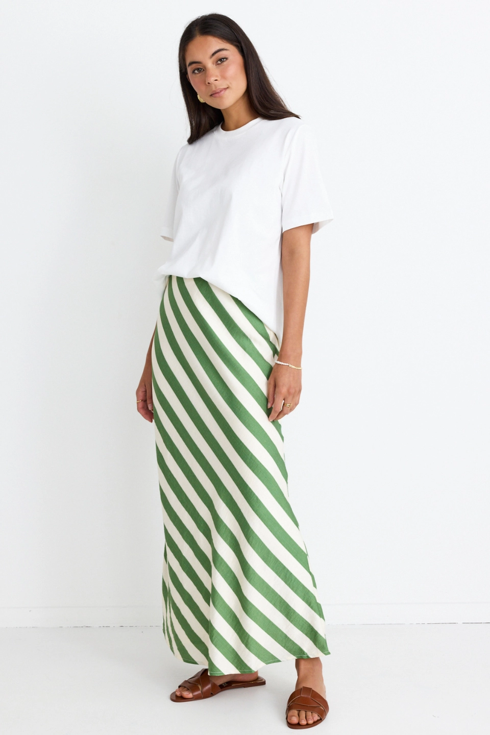 Breathe Apple Stripe Bias Maxi Skirt Casual Edge Satin feel