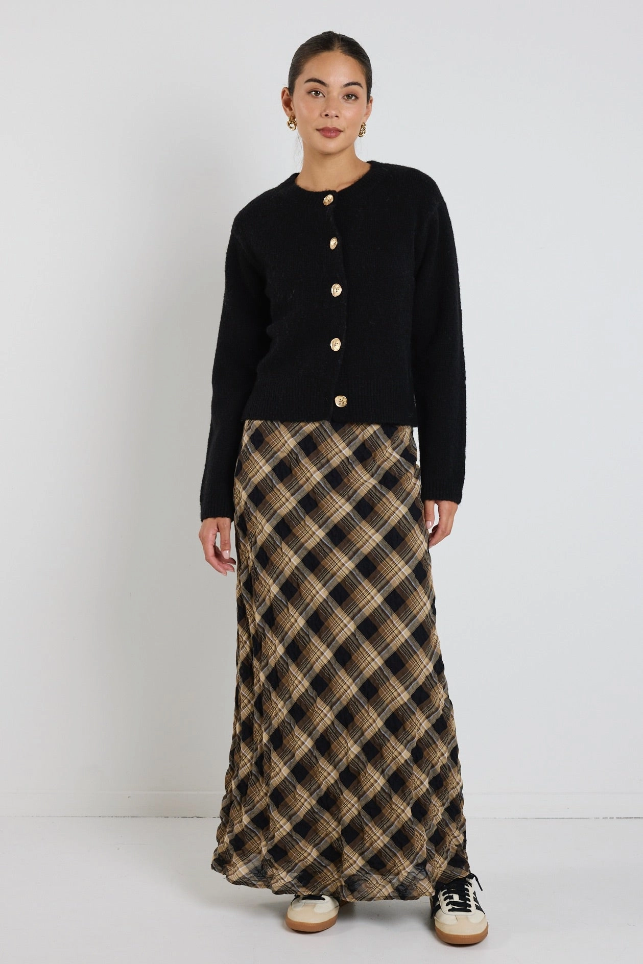 Chill Look Breathe Caramel Check Bias Maxi Skirt