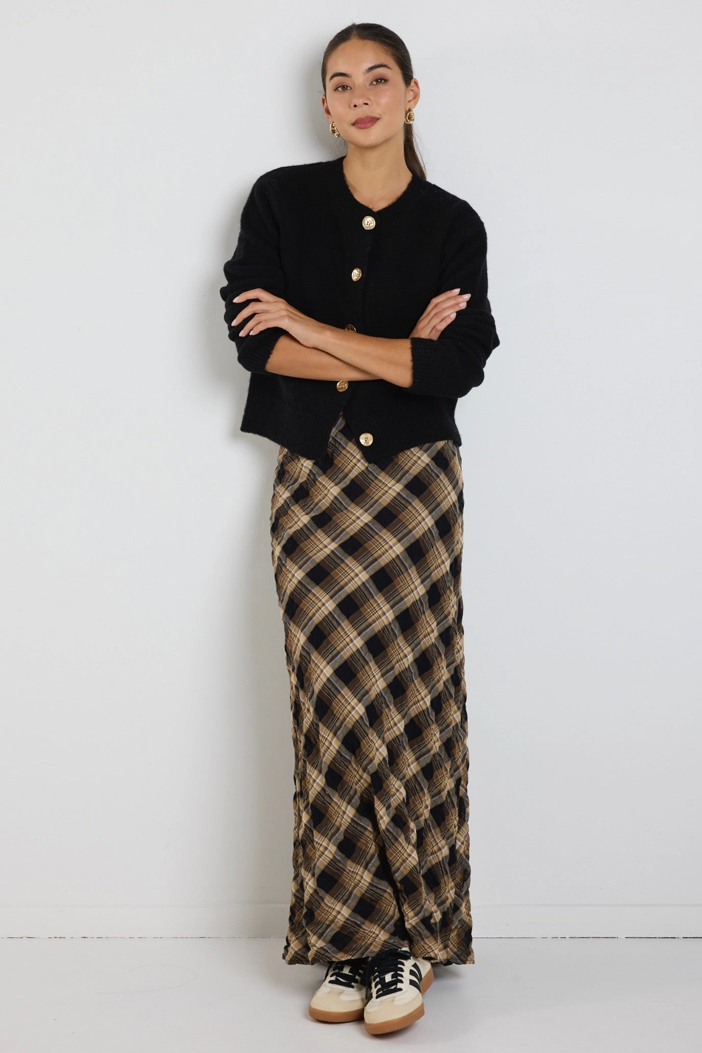 Stretchy Breathe Caramel Check Bias Maxi Skirt