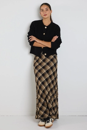 Stretchy Breathe Caramel Check Bias Maxi Skirt