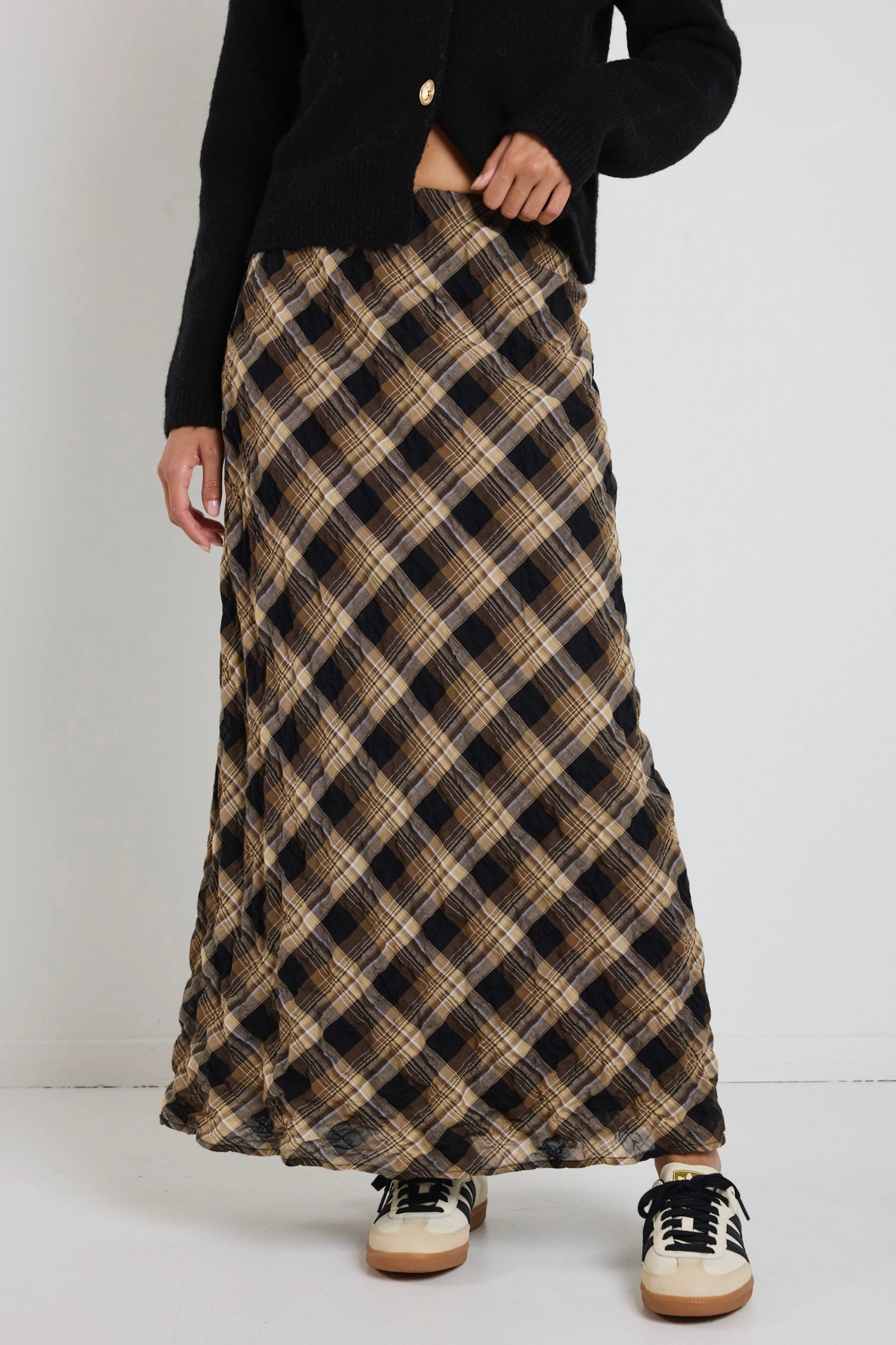 Style Moment Breathe Caramel Check Bias Maxi Skirt
