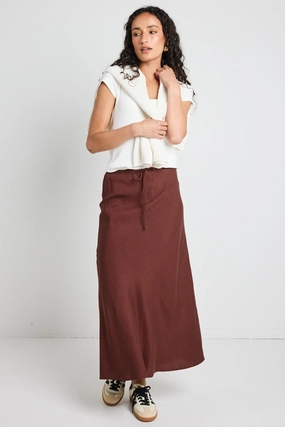 Subtle Detail Summit Chocolate Linen Blend Tie Waist Bias Maxi Skirt