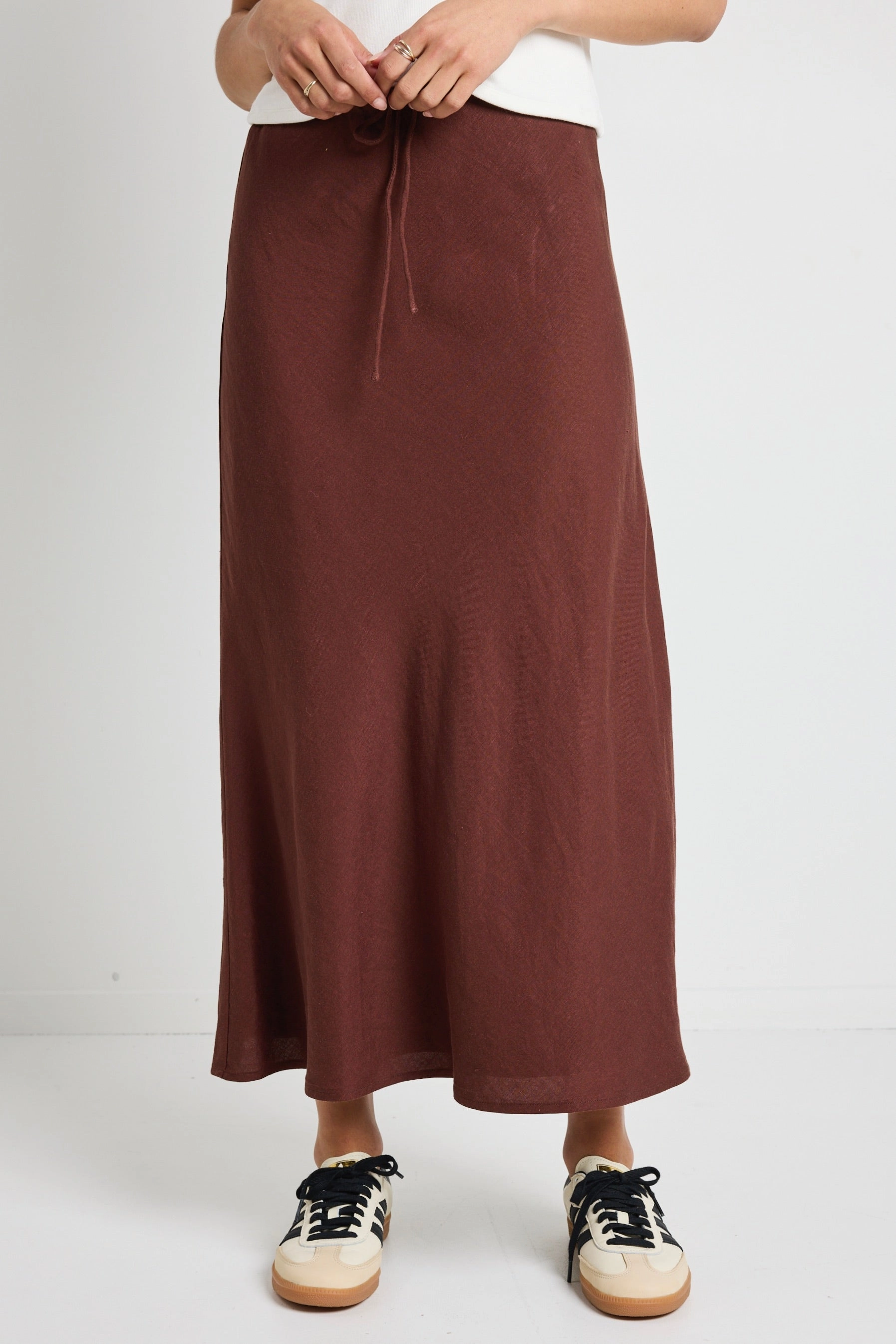 Summit Chocolate Linen Blend Tie Waist Bias Maxi Skirt No Ride Up