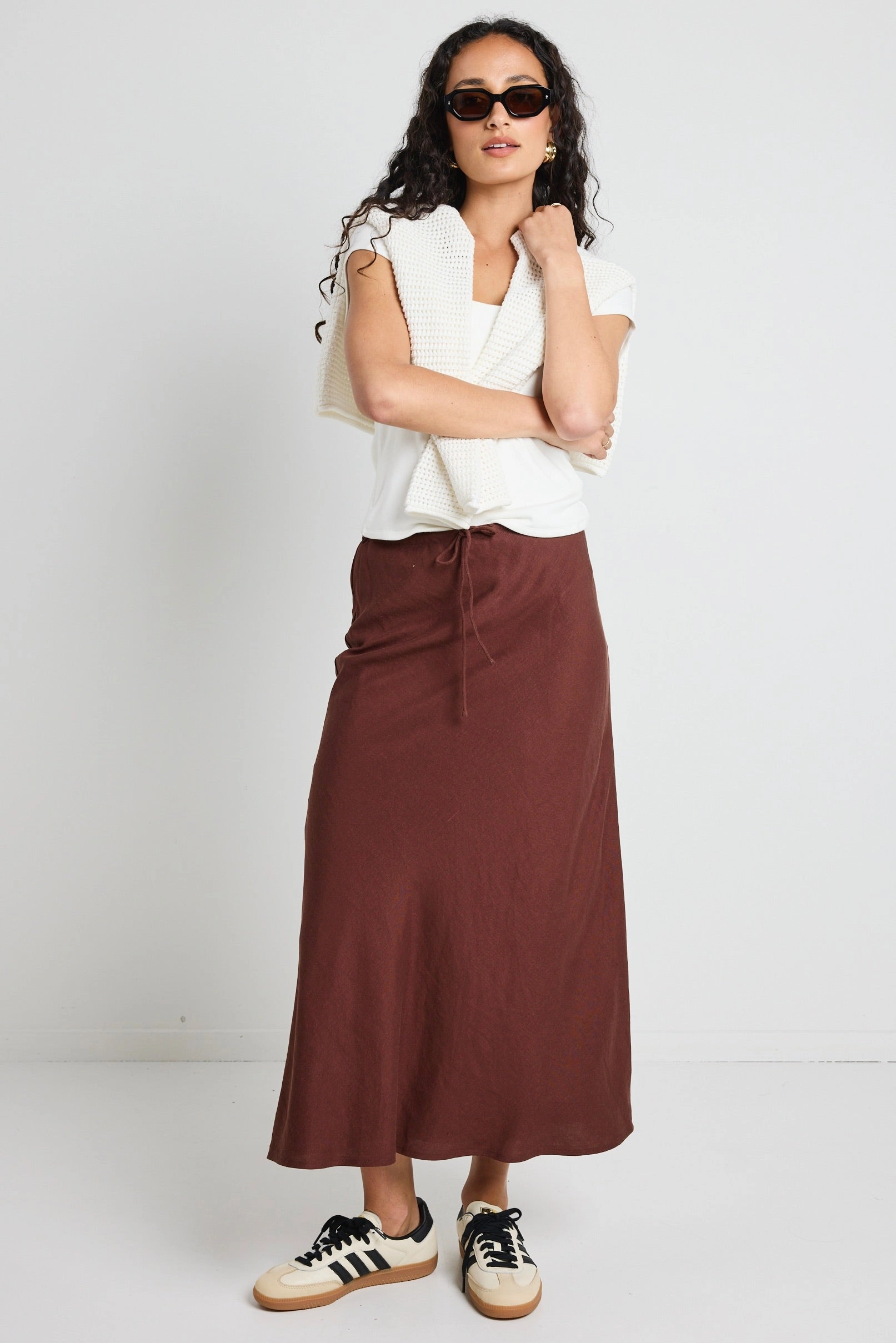 Summit Chocolate Linen Blend Tie Waist Bias Maxi Skirt Stylish Finish
