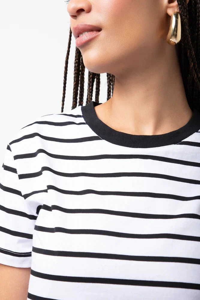 FourWay Stretch Fabric Stripe Crew Neck Short Sleeve T-Shirt White And Black