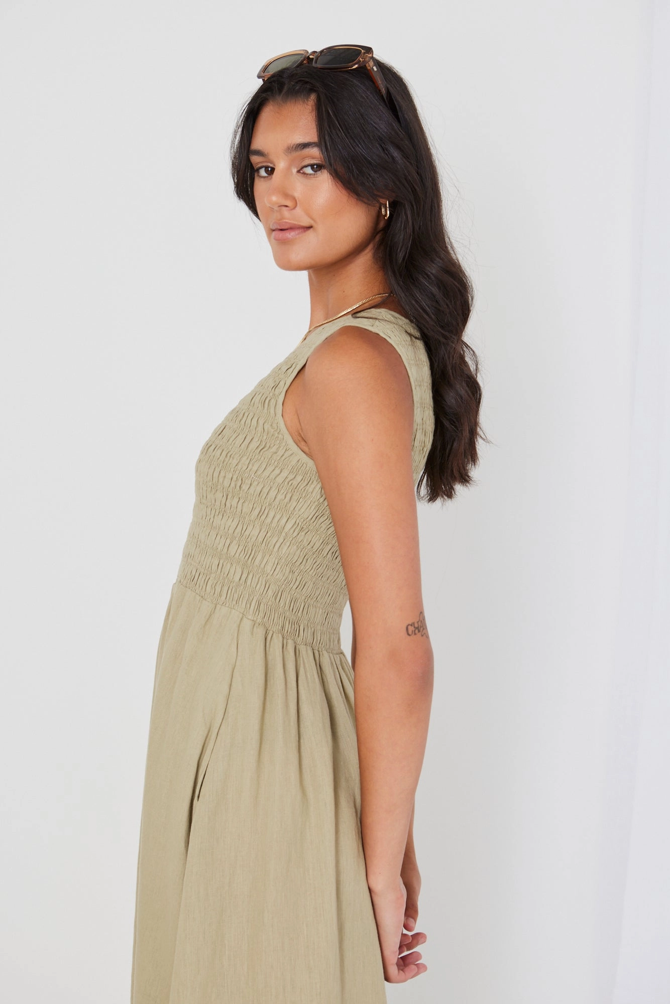 Natural Style Everyday Comfort Bryar Light Khaki Linen Sleeveless Shirred Bodice Midi Dress