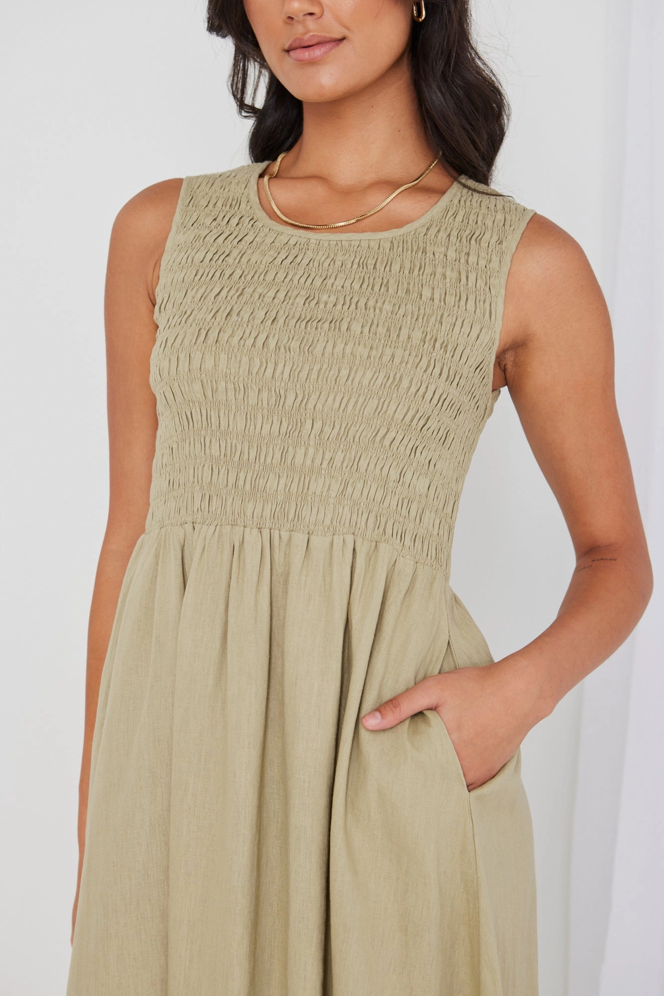 Bryar Light Khaki Linen Sleeveless Shirred Bodice Midi Dress everyday elegance