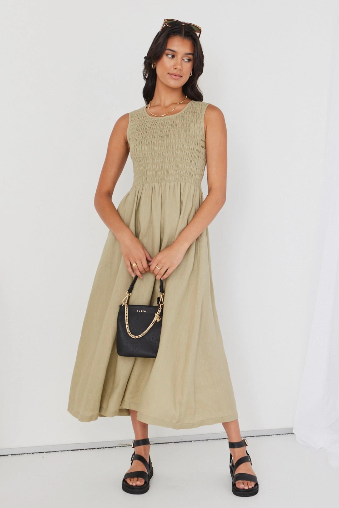 Bryar Light Khaki Linen Sleeveless Shirred Bodice Midi Dress Bold Look