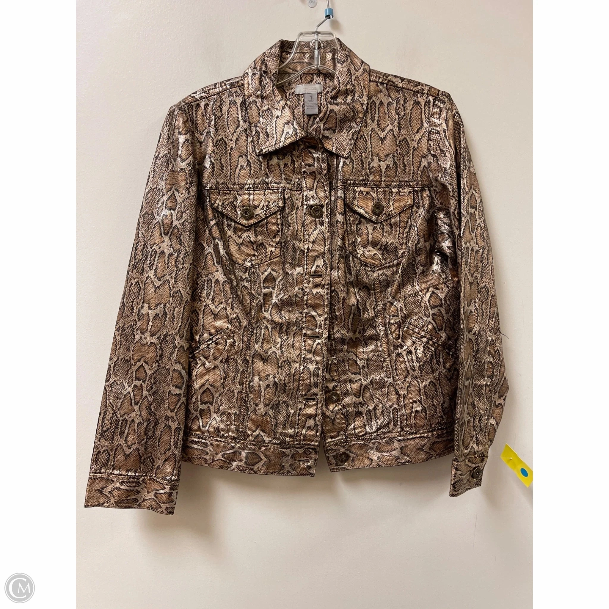 Hidden Storage Compartment Water Repellent Finish Jacket Moto By Chicos In Snakeskin Print, Size: M