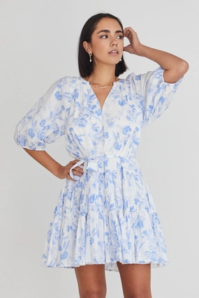 Daily Confidence Venetia Blue Floral SS V Neck Tied Tiered Mini Dress