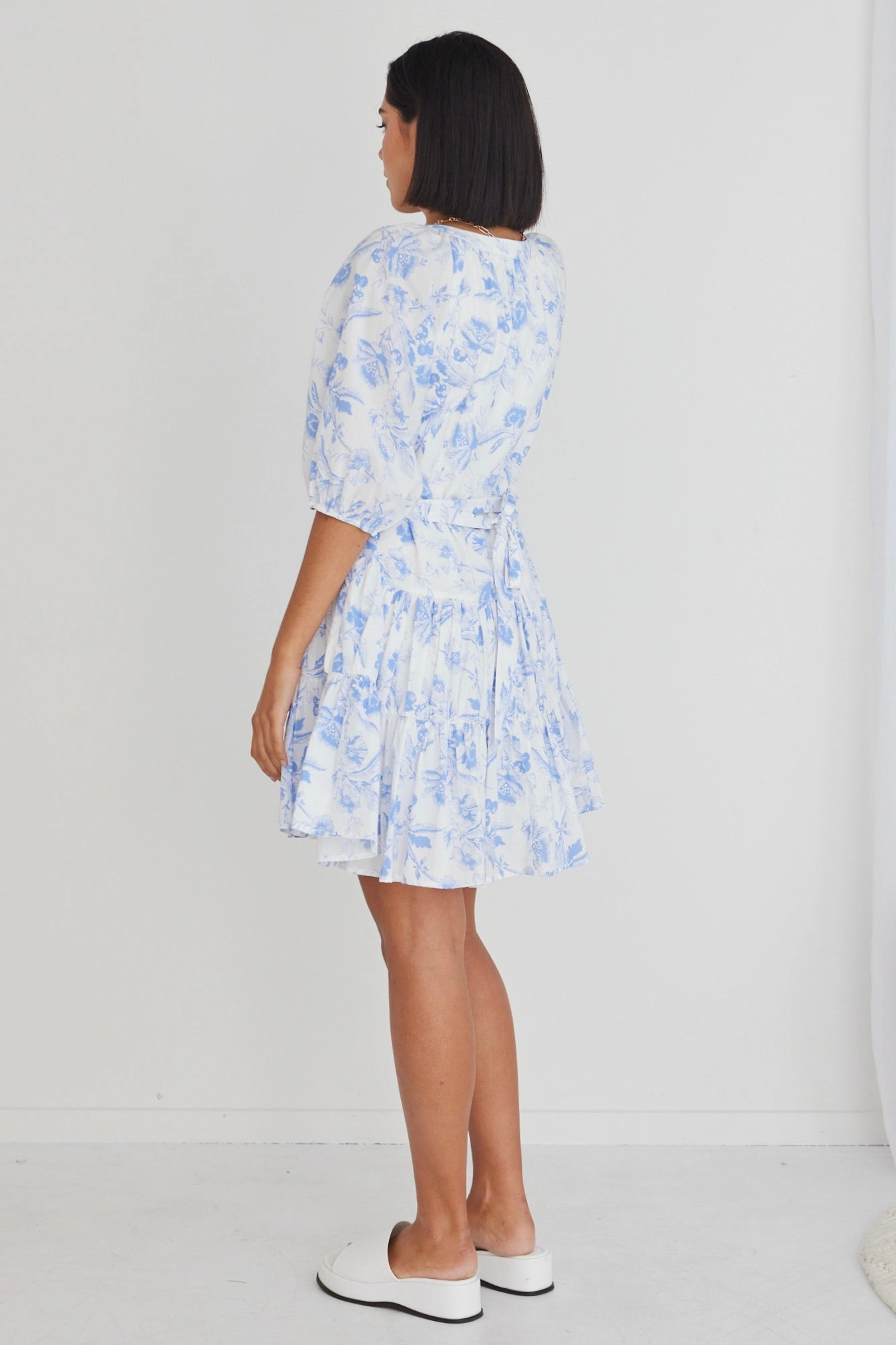 Effortless Pair Venetia Blue Floral SS V Neck Tied Tiered Mini Dress