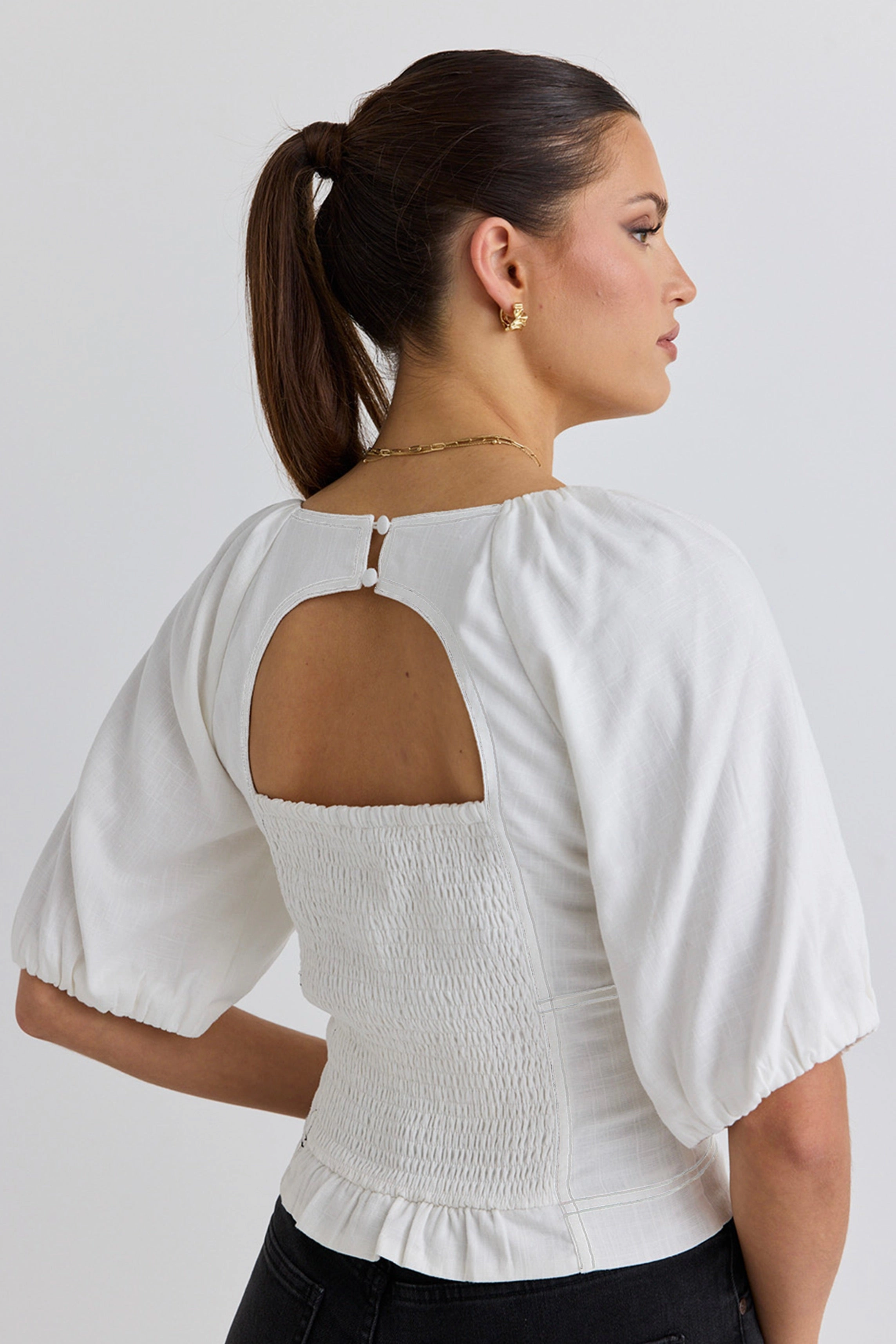 Expectation White Panelled Short Sleeved Top Soft Touch Blend DualLayer Weave