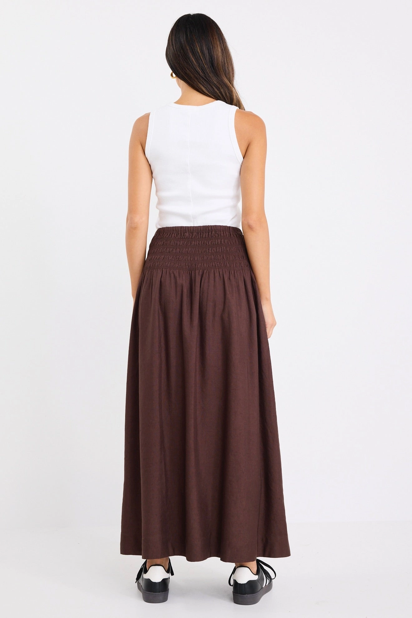 Runway Ready Byron Chocolate Linen Blend Shirred Waist Maxi Skirt