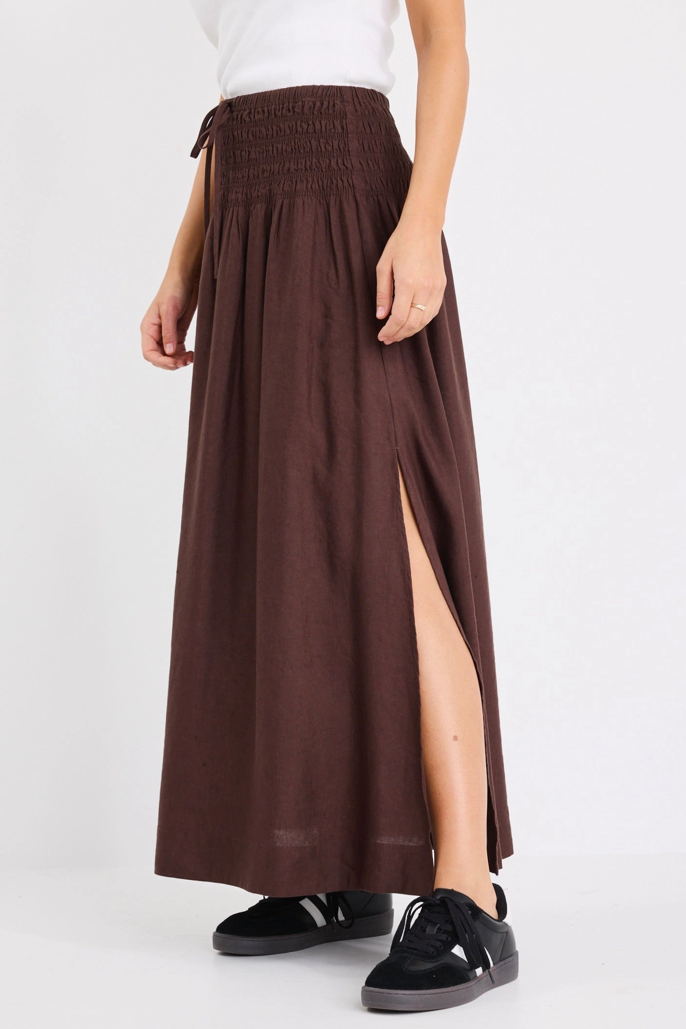 Smart Edge Byron Chocolate Linen Blend Shirred Waist Maxi Skirt