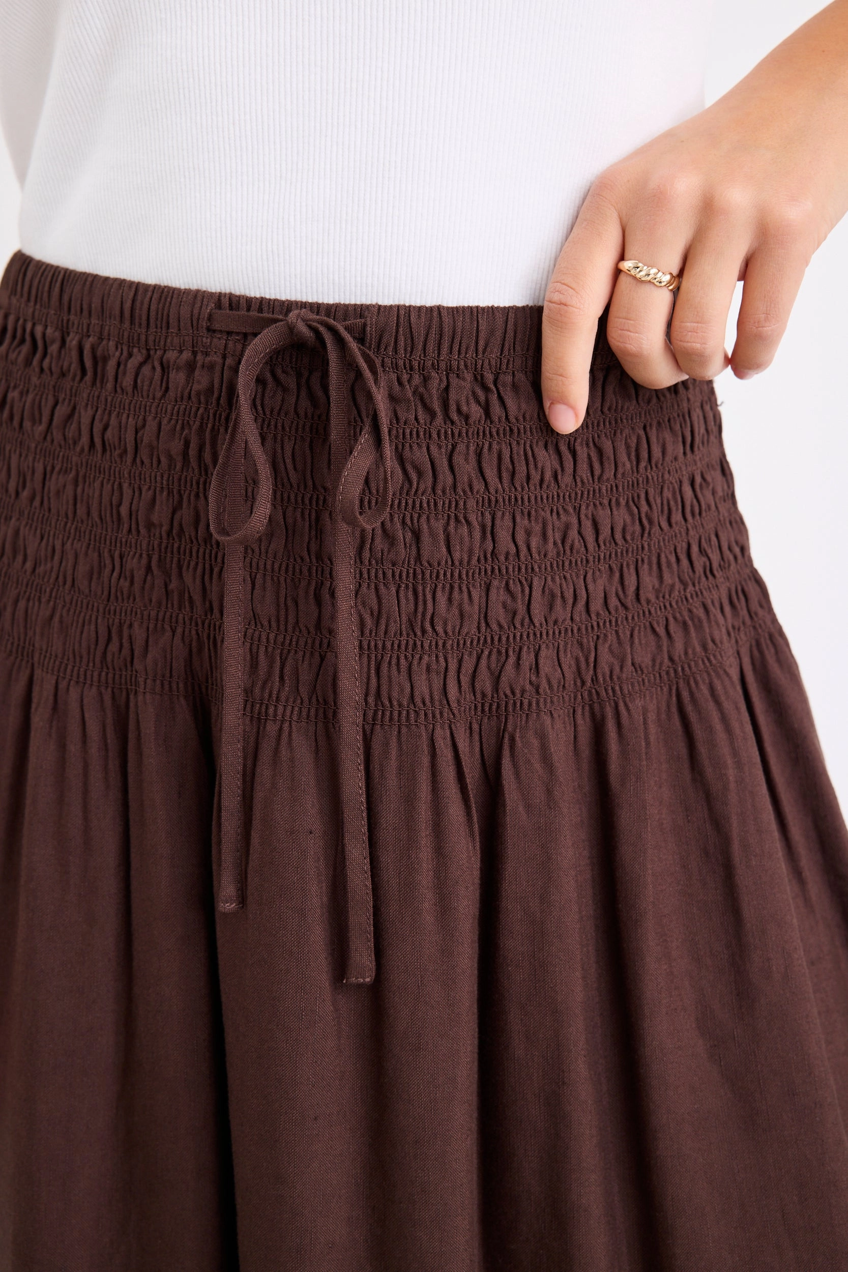Elevated Casual Flat Lay Collar Byron Chocolate Linen Blend Shirred Waist Maxi Skirt