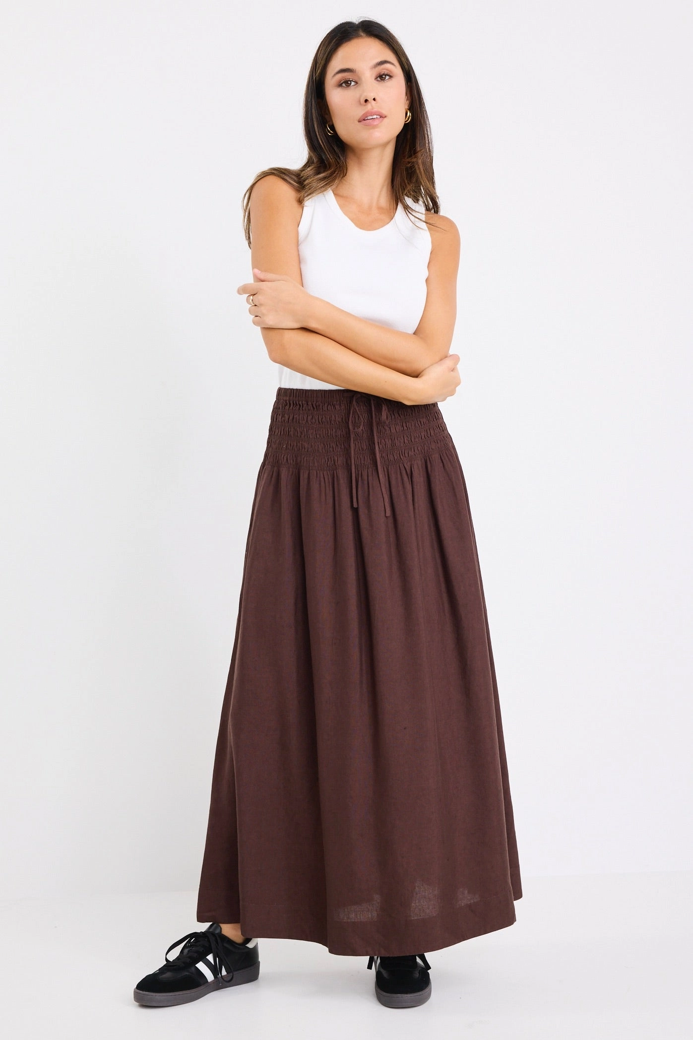 Gather Details Minimal Design Byron Chocolate Linen Blend Shirred Waist Maxi Skirt