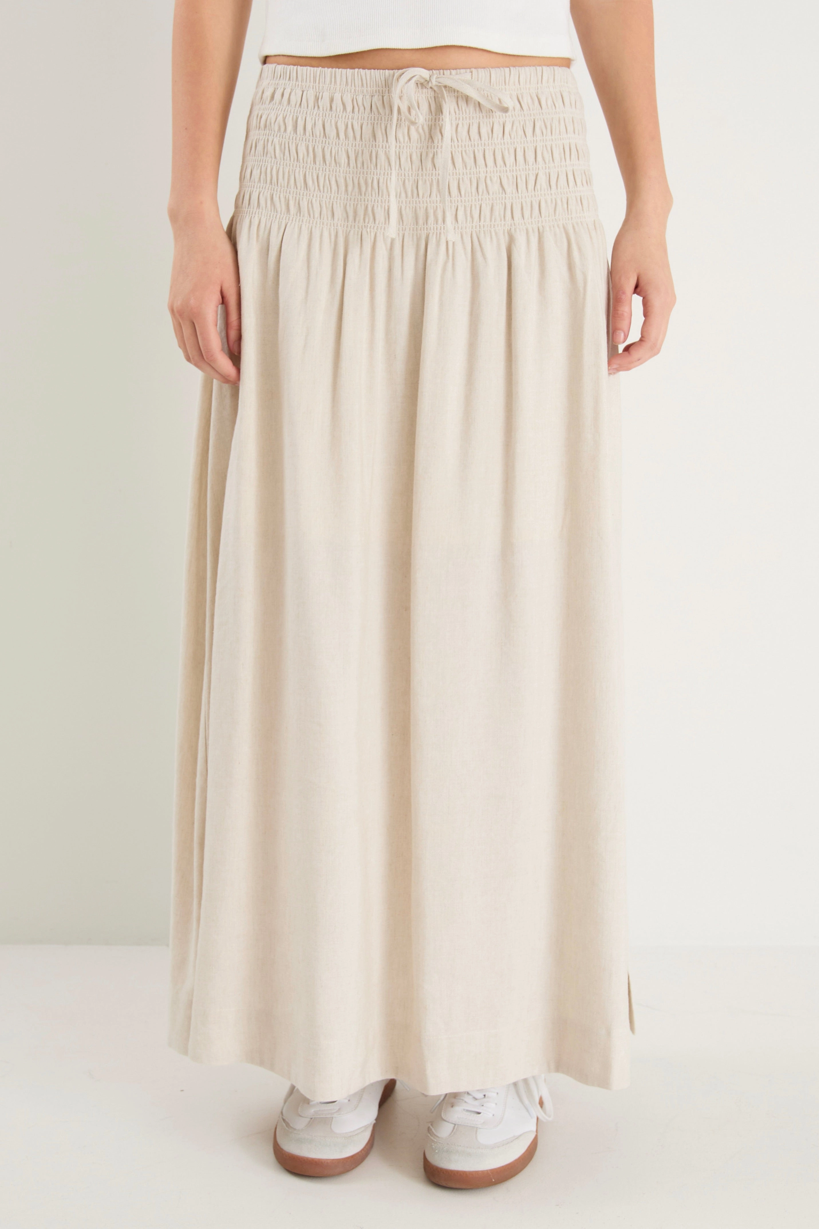 Vibe Shot Bamboo Fiber Byron Natural Linen Shirred Waist Maxi Skirt