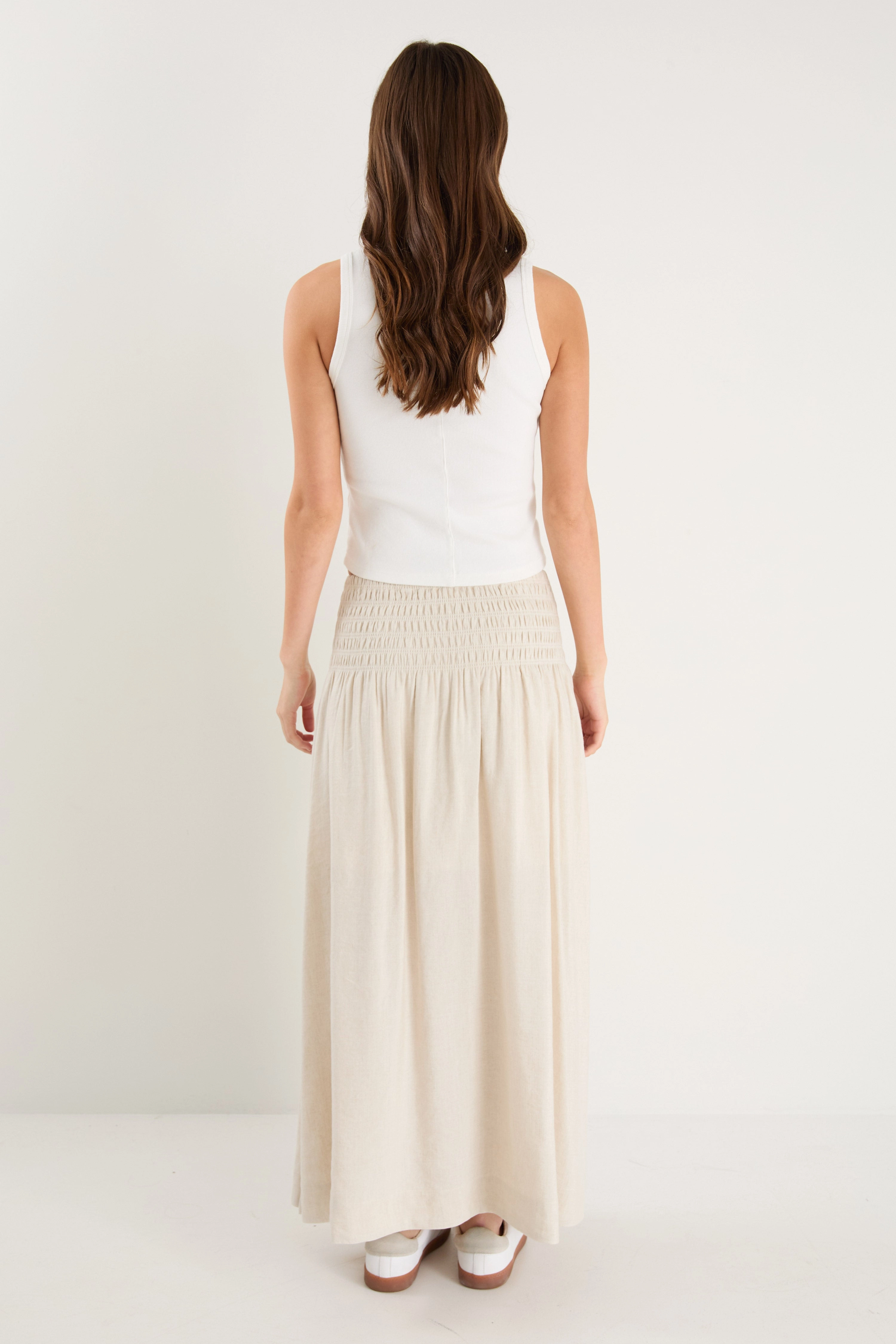Byron Natural Linen Shirred Waist Maxi Skirt Bestseller Item Flared hem