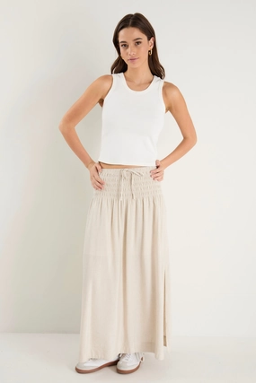 Inverted Pleats Breezy Fit Byron Natural Linen Shirred Waist Maxi Skirt