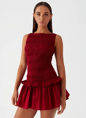 Boho Mood Garden Kisses Shirred Mini Dress - Maroon