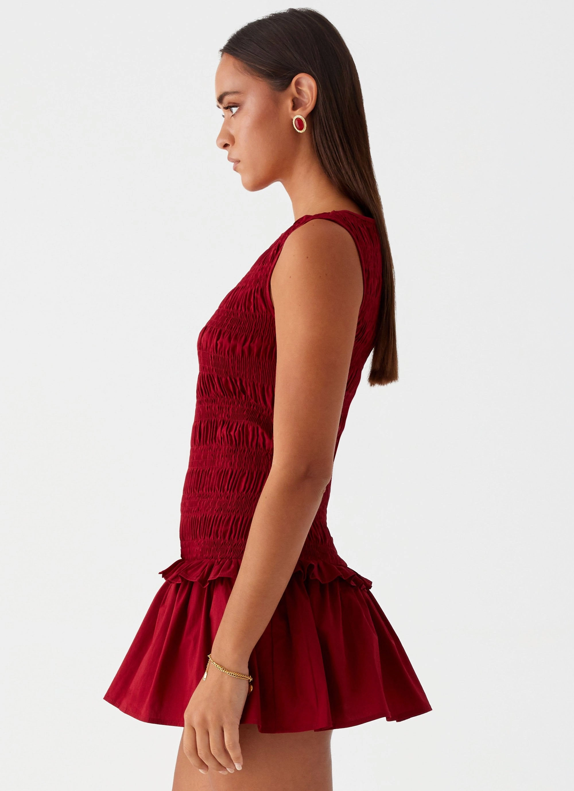 Premium Fabric Garden Kisses Shirred Mini Dress - Maroon