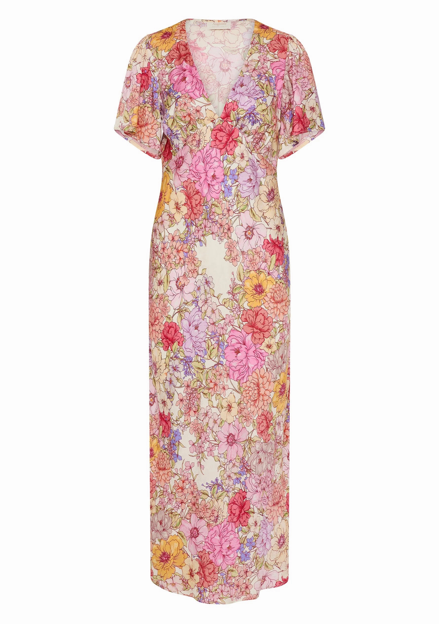 Warm Base Calais Pink Floral V Neck Flutter Sleeve Midi Dress
