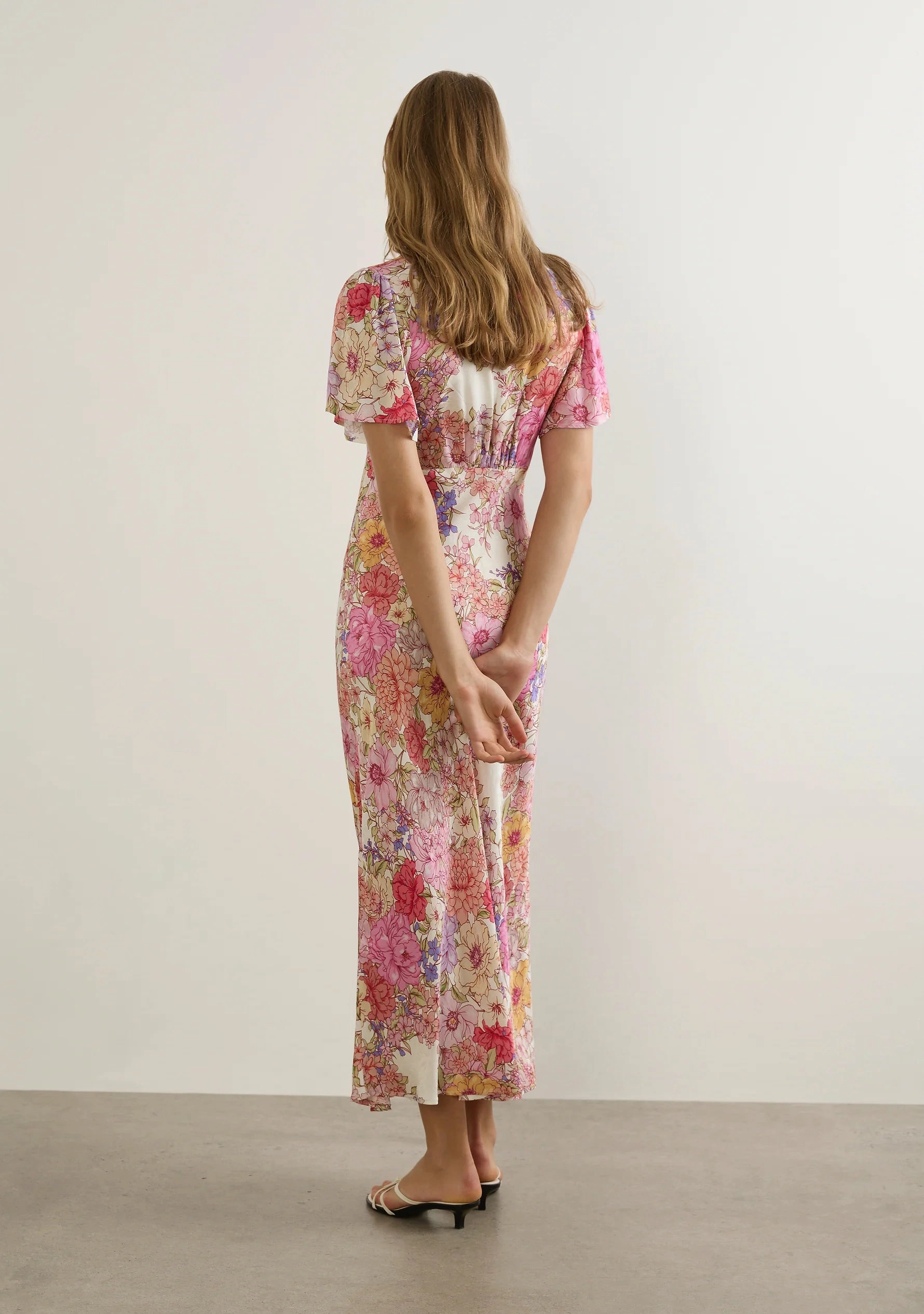 Calais Pink Floral V Neck Flutter Sleeve Midi Dress Warm Palette