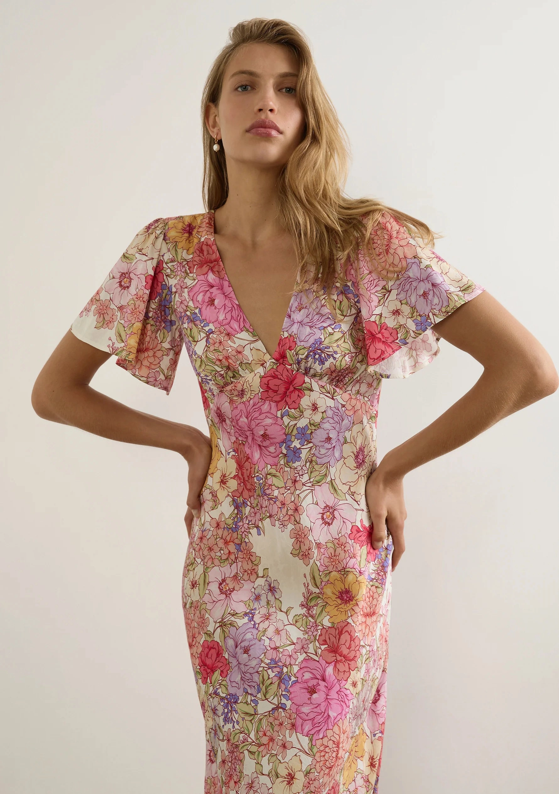 Calais Pink Floral V Neck Flutter Sleeve Midi Dress Trend Smart Gloss Finish