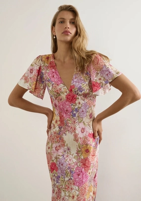 Calais Pink Floral V Neck Flutter Sleeve Midi Dress Trend Smart Gloss Finish