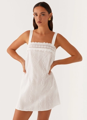 Calla Broderie Mini Dress - White Asymmetric-Neck