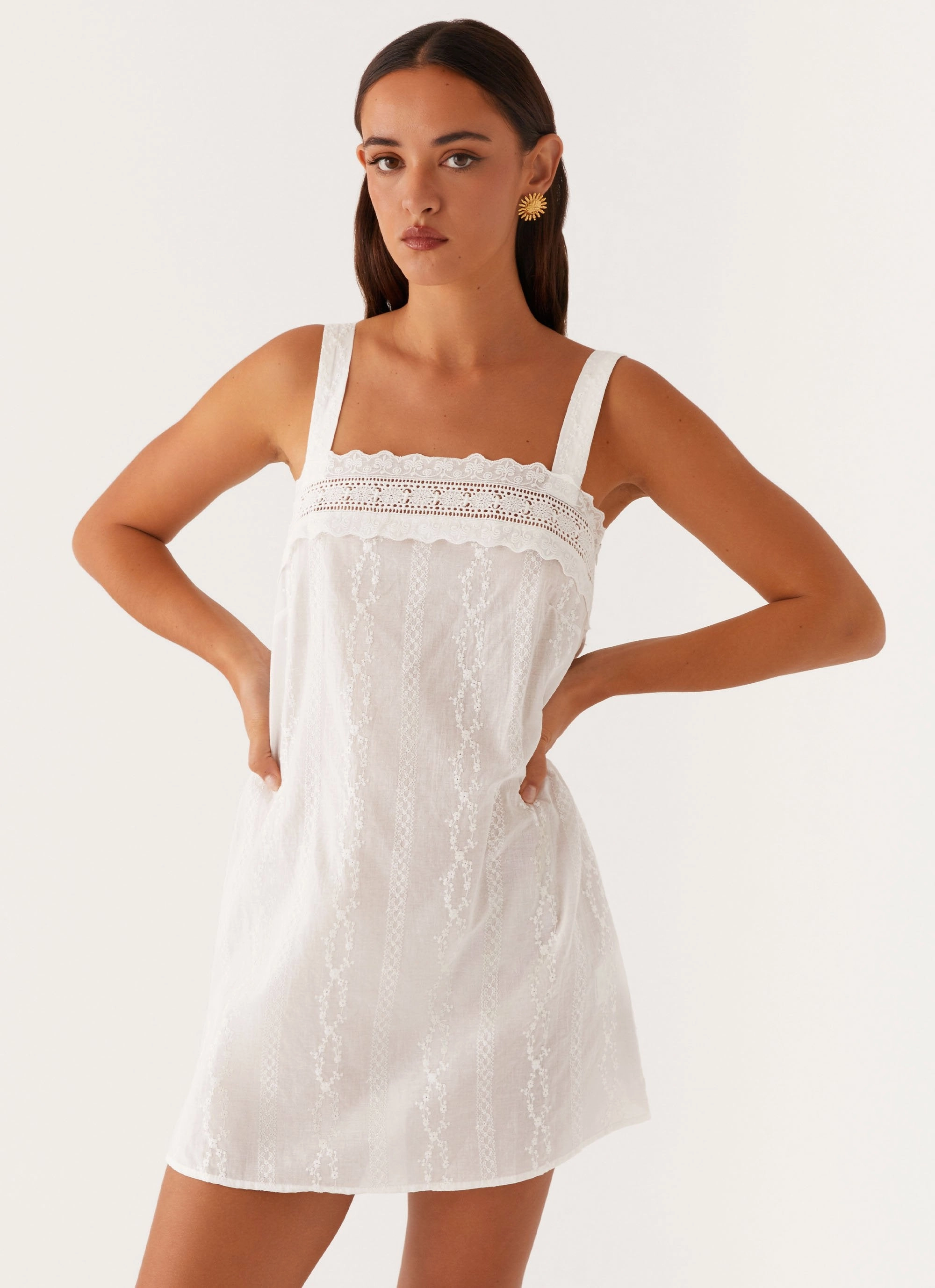 Calla Broderie Mini Dress - White Asymmetric-Neck