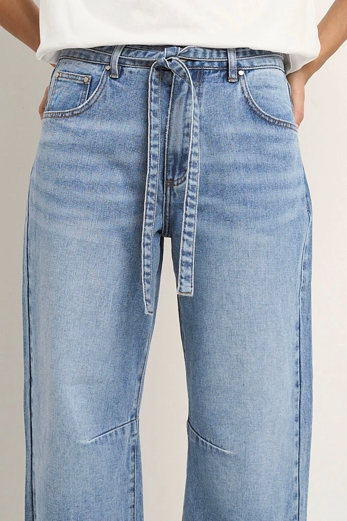 Campus Light Blue Tie Waist Barrel Jeans HypoallergenicFabric