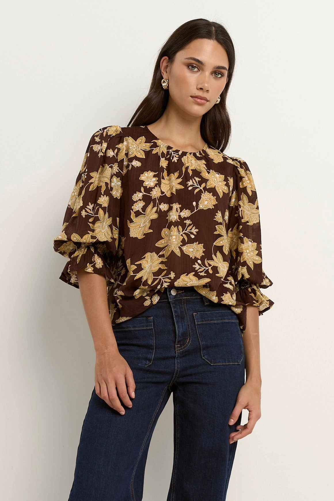 Candid Chocolate Khaki Floral Frill Sleeve Crew Neck SS Top Tagless Comfort Reinforced Seam Technique
