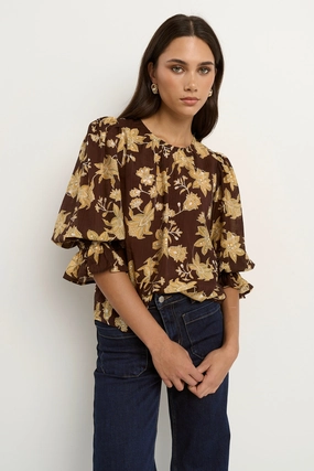 Candid Chocolate Khaki Floral Frill Sleeve Crew Neck SS Top Cozy Knit