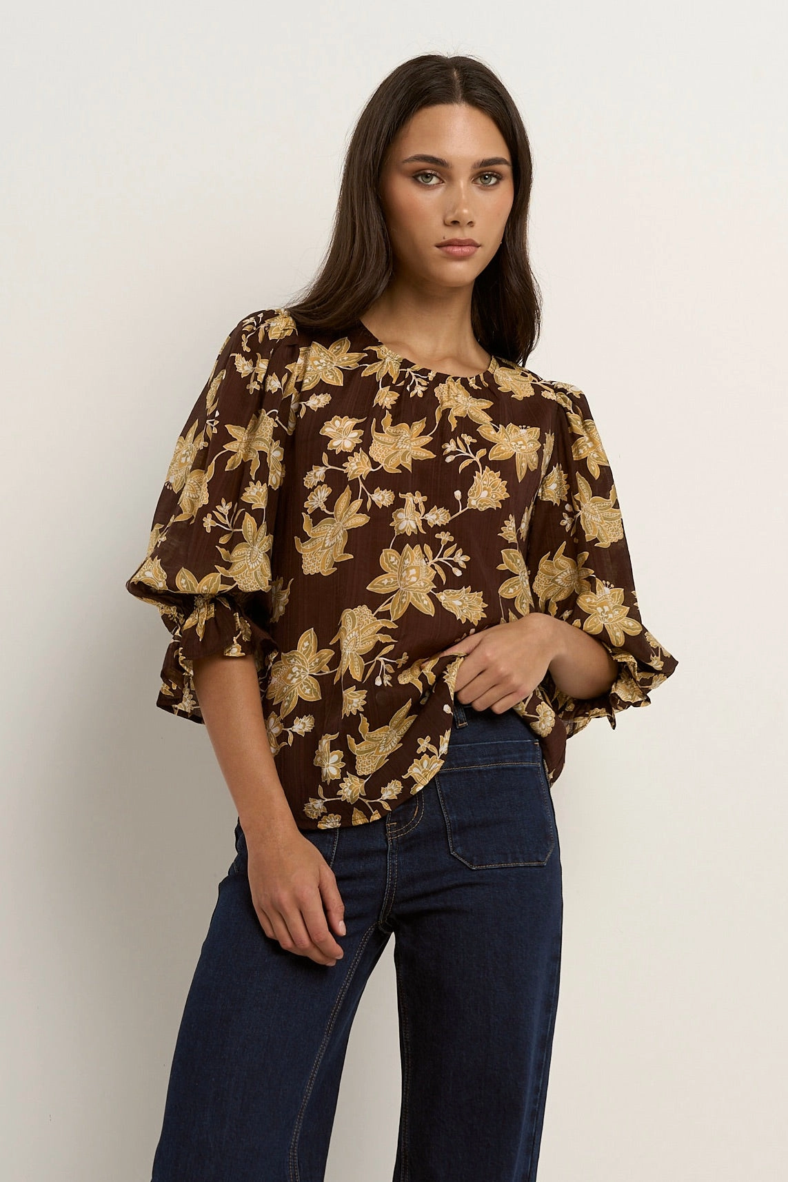 Candid Chocolate Khaki Floral Frill Sleeve Crew Neck SS Top AbrasionResistantFabric