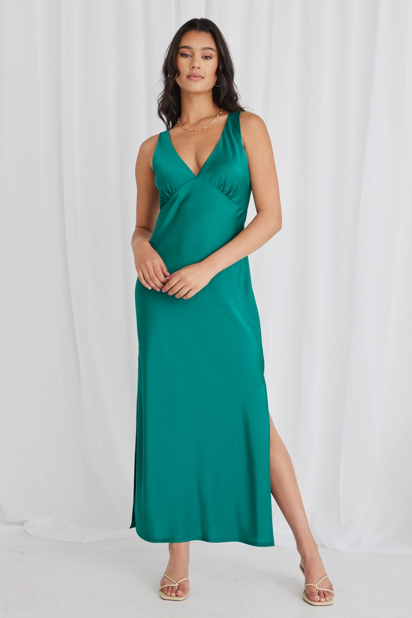Trendy Look City Casual Mable Ocean Green Satin Sleeveless Empire Tie Back Maxi Dress