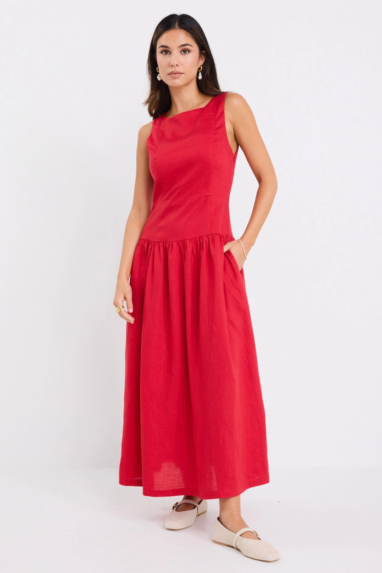 Results Red Linen Blend Structured Sleeveless Maxi Dress Relaxed Layer New York