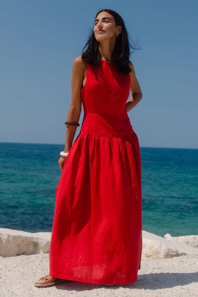 Golden Scene Comfortable Cut Results Red Linen Blend Structured Sleeveless Maxi Dress