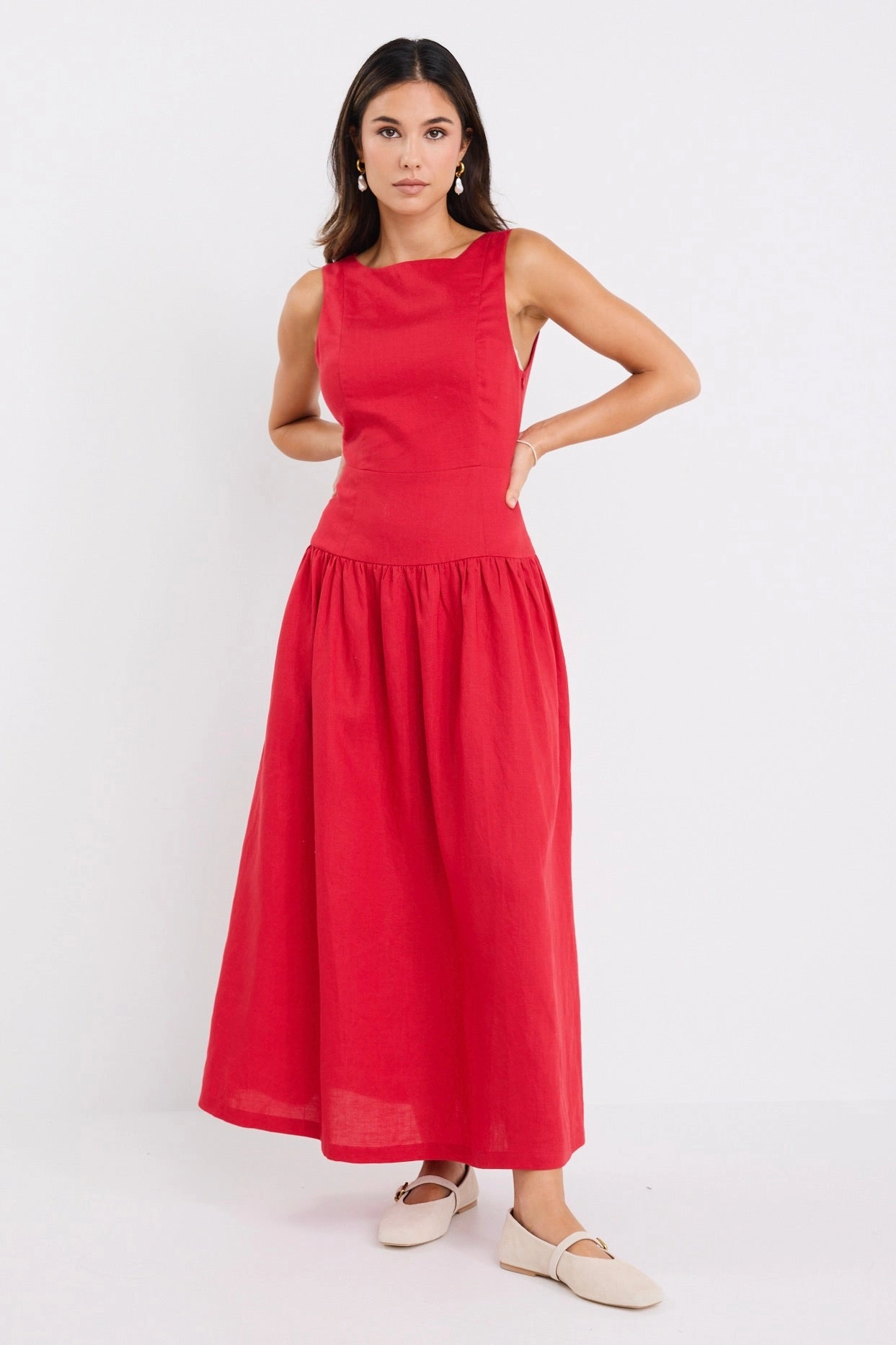 Results Red Linen Blend Structured Sleeveless Maxi Dress Night Ready Seamless Finish