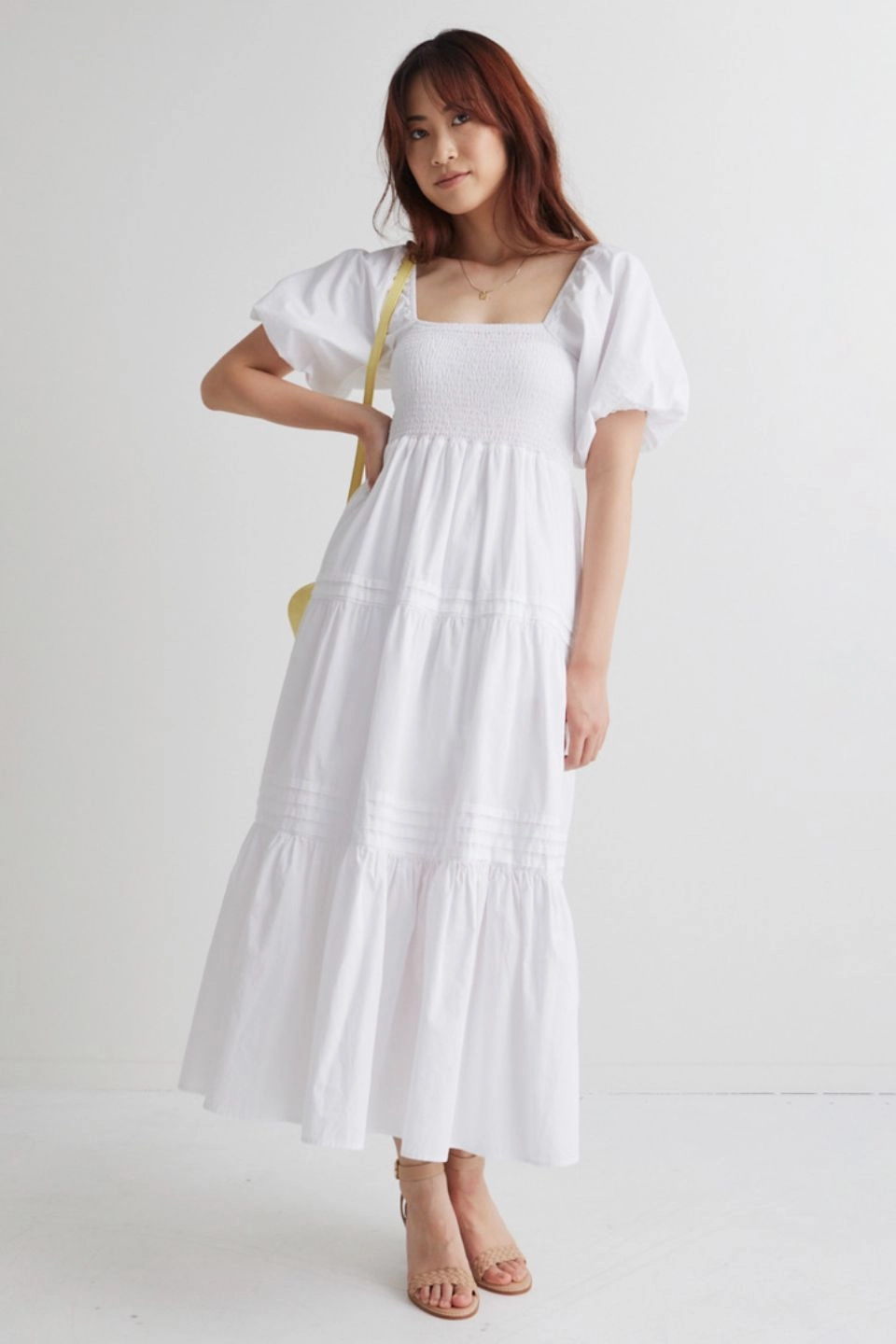 Captivate White Square Neck Bubble Slv Pleat Tiered Midi Dress Retro Detail Relaxed and stylish