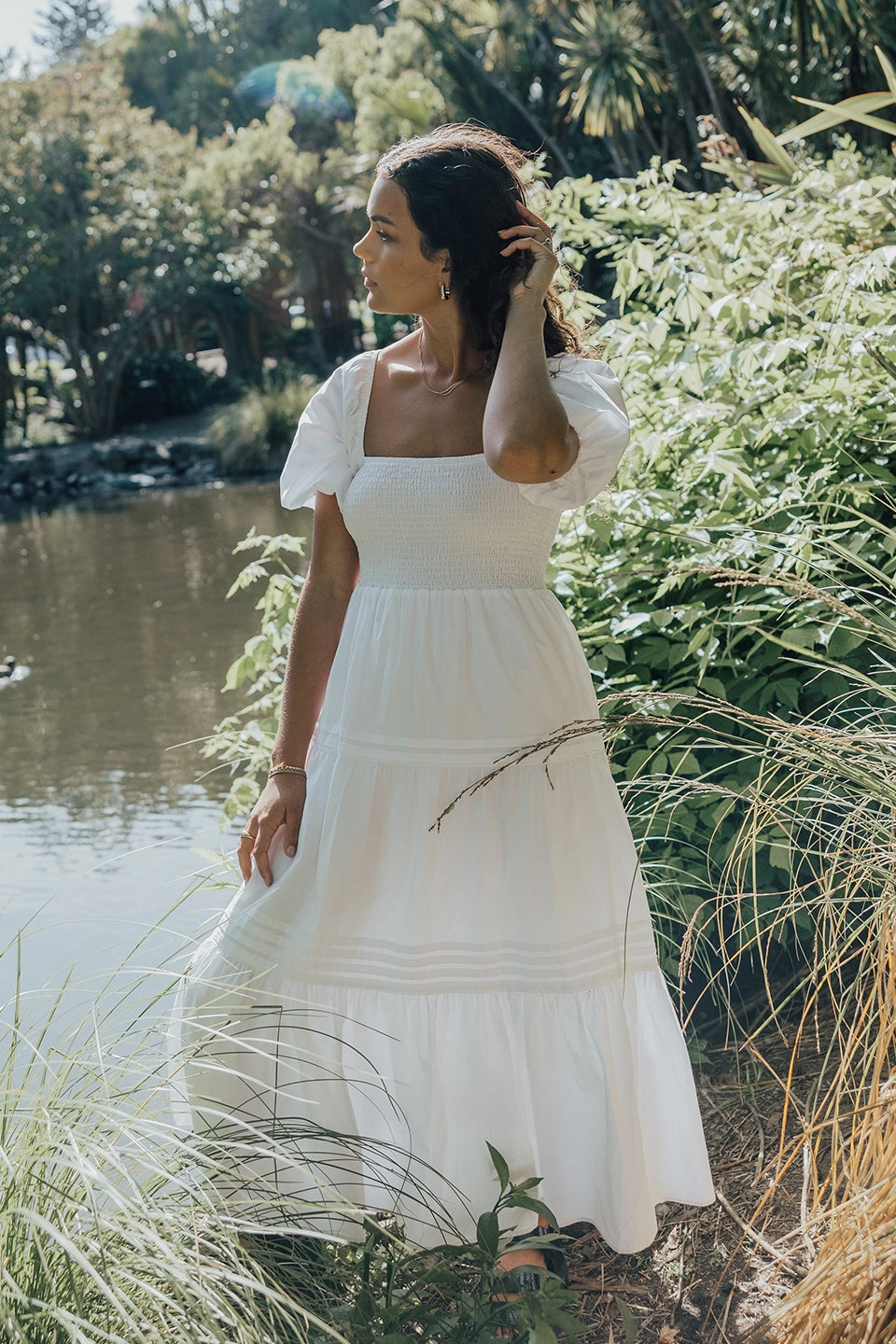 Captivate White Square Neck Bubble Slv Pleat Tiered Midi Dress Flare Swing