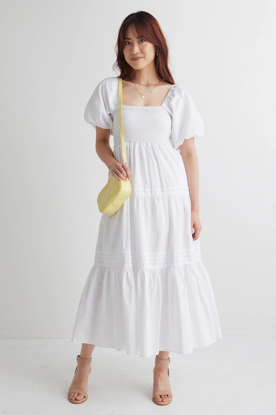 Captivate White Square Neck Bubble Slv Pleat Tiered Midi Dress Elegant Piece