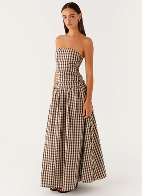 Carmel Maxi Dress - Brown Gingham Minimalist Look