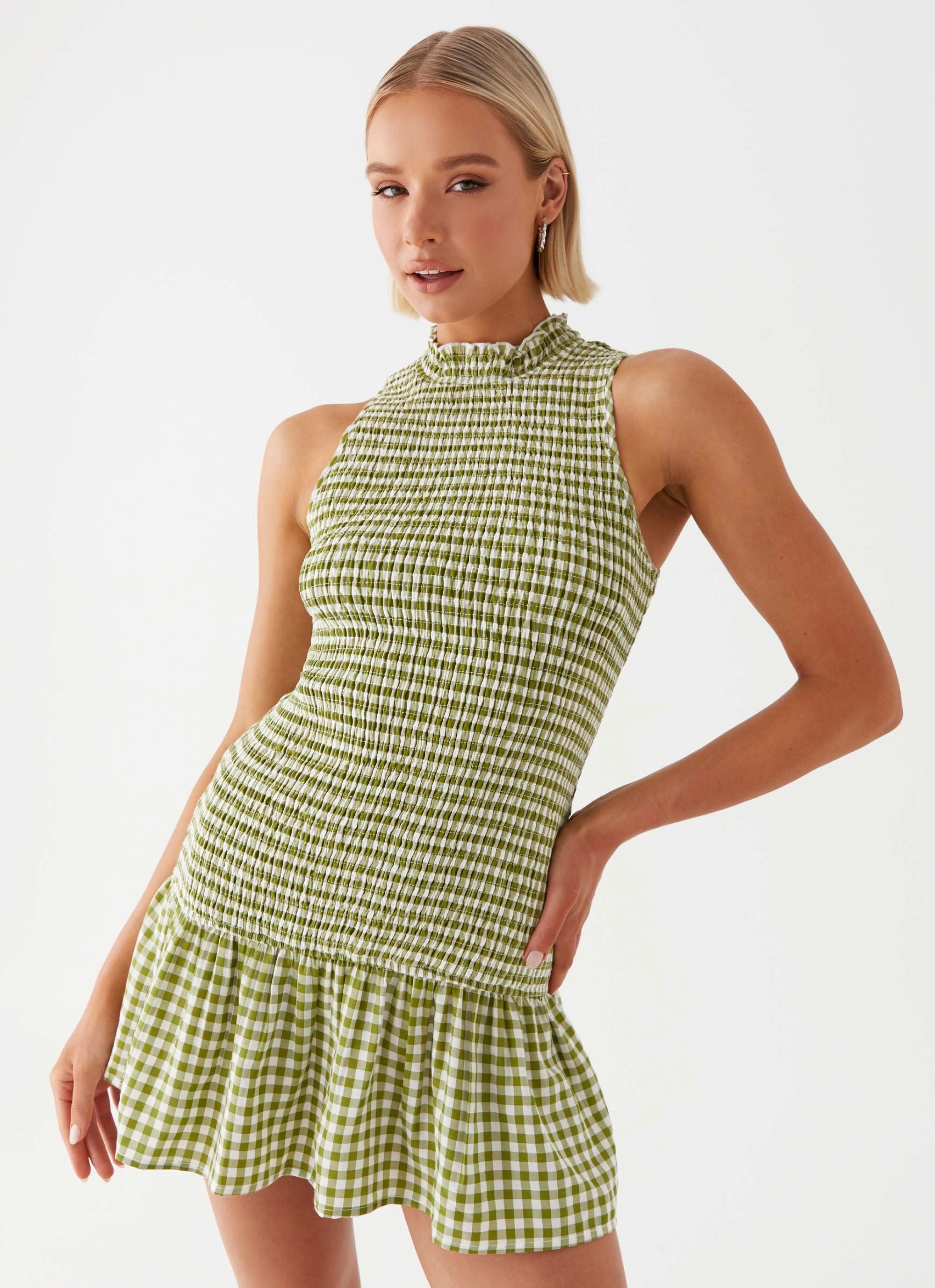 Balanced feel Cassie shirred Mini Dress - Khaki Gingham
