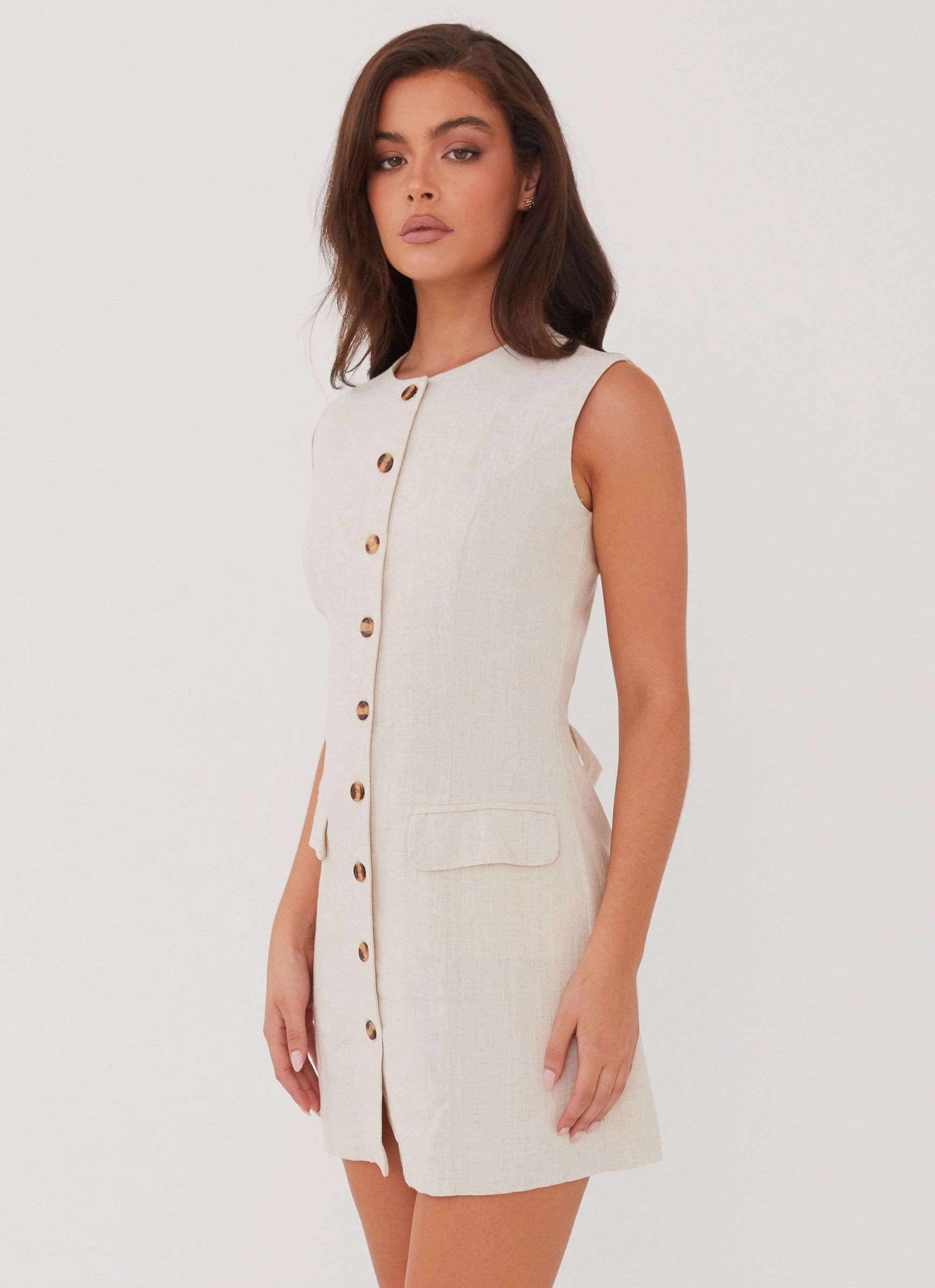 Castello Fiore Linen Mini Dress - Oatmeal Soft Vibes