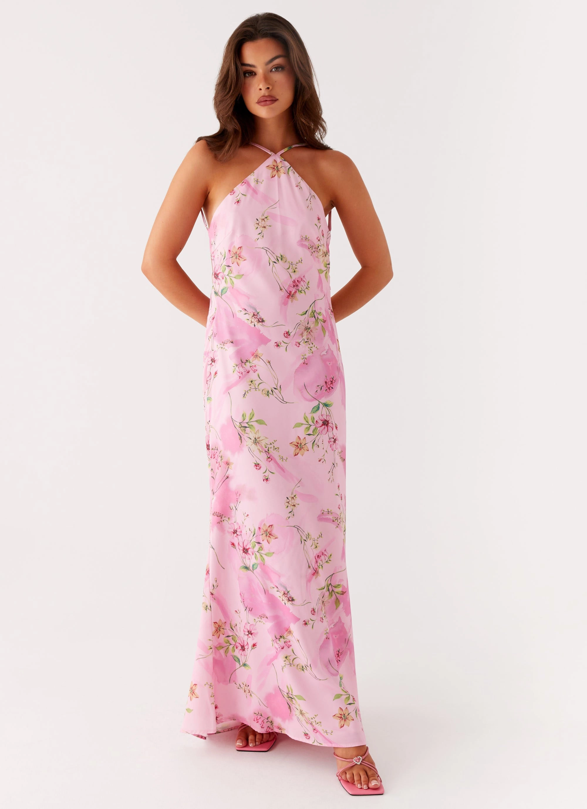 Pascal Maxi Dress - Pink Floral Print Padded-Bust Texture Play